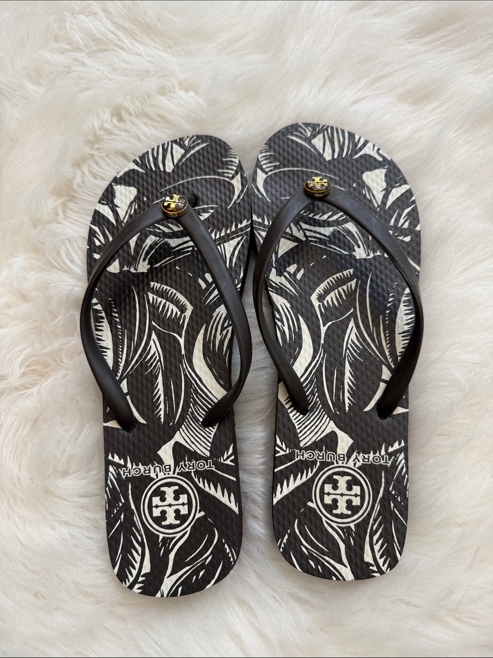 Tory Burch Brown & White Palm Print Logo Flip Flops